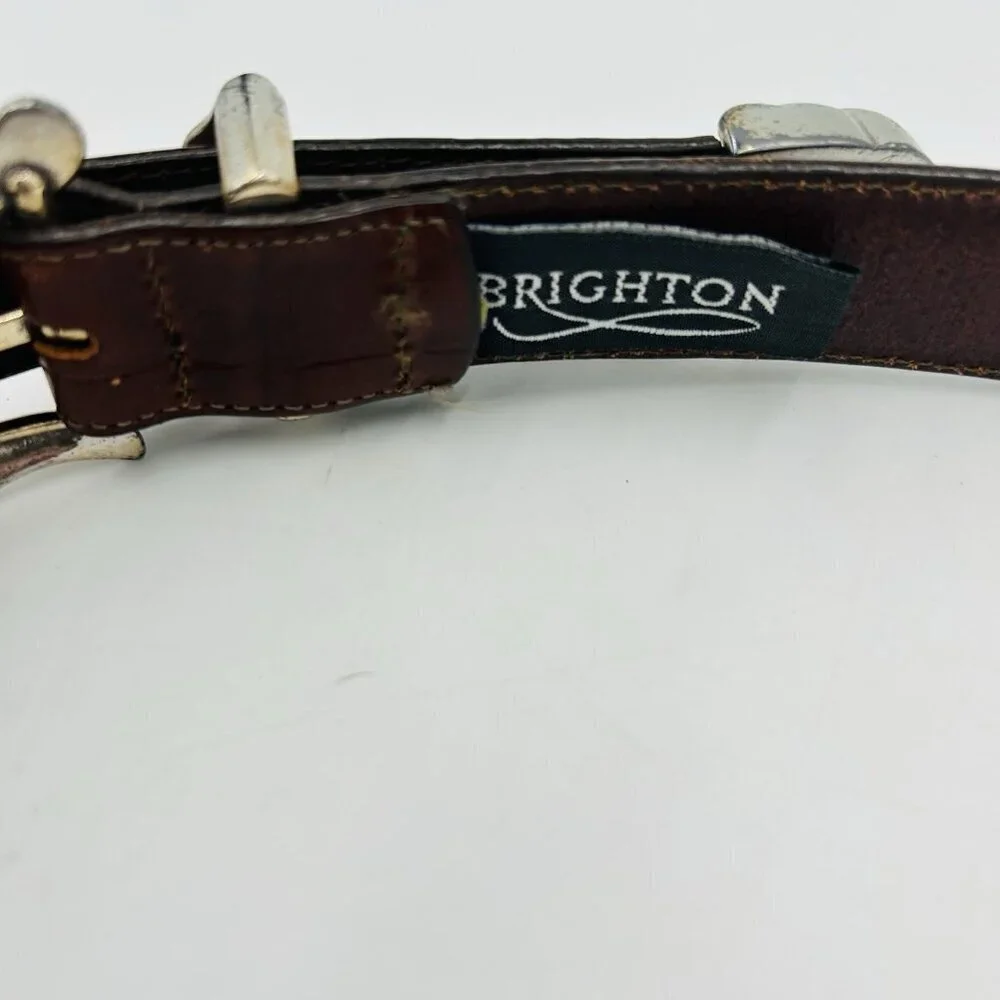 Brighton Allegro Swirl Faux Croc Embossed Brown Leather Belt Silver Buckle Sz M